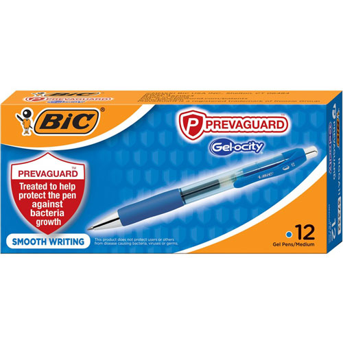 Bic PrevaGuard Gel-ocity Retractable Gel Pen, Medium 0.7 mm, Blue Ink, Clear/Blue Barrel, Dozen