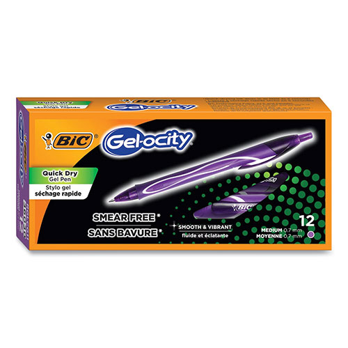 Bic Gel-ocity Quick Dry Retractable Gel Pen, Medium 0.7 mm, Purple Ink/Barrel, Dozen