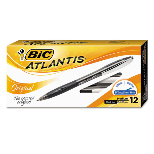Bic Atlantis Retractable Ballpoint Pen, Medium 1mm, Black Ink/Barrel, Dozen