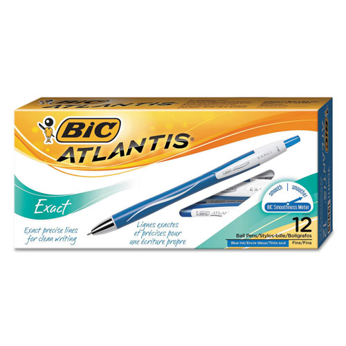 Bic Atlantis Exact Retractable Ballpoint Pen, Fine 0.7mm, Blue Ink/Barrel, Dozen