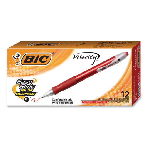 Bic Velocity Retractable Ballpoint Pen, 1mm, Red Ink, Translucent Red Barrel, Dozen