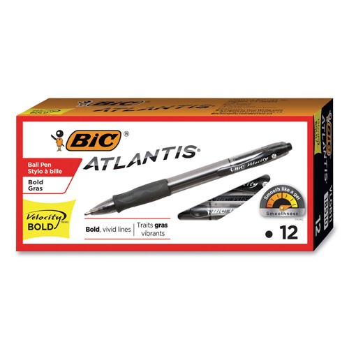 Bic Velocity Atlantis Bold Retractable Ballpoint Pen, 1.6mm, Black Ink, Smoke Barrel, Dozen