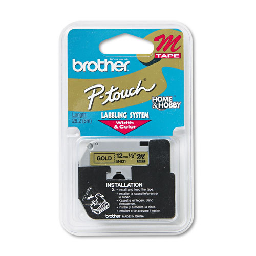 Brother M Series Tape Cartridge for P-Touch Labelers, 0.47" x 26.2 ft, Black on Gold
