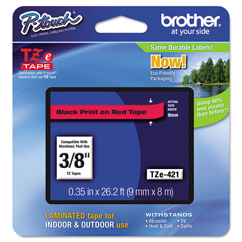 Brother TZe Standard Adhesive Laminated Labeling Tape, 0.35" x 26.2 ft, Black on Red