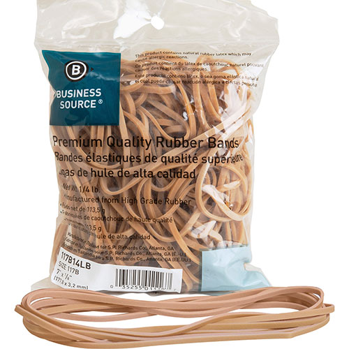 Business Source Rubber Bands, 1/4 lb., Approx. 62/BX, Size 117B, 7"x1/8", Natural
