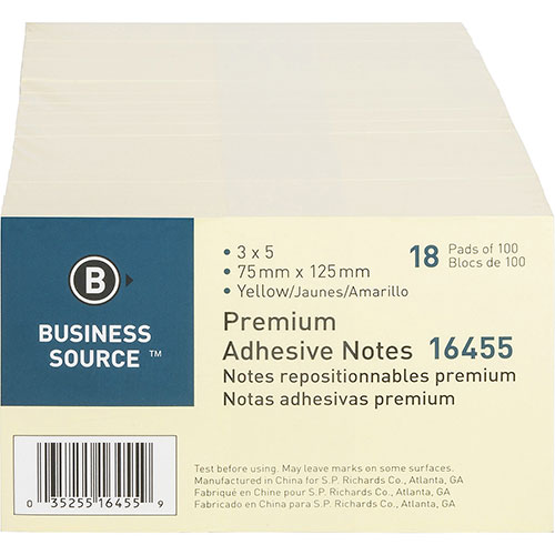 Business Source Adhesive Note Pads, Pop-up, 3" x 5", 100 Sheets, 18 Pack, Yellow