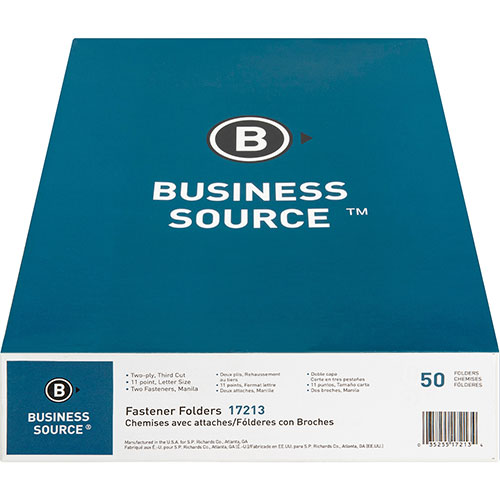 Business Source Fastener Folder, w/2-Ply Tab, 2 Fstnr, 1/3 Tab, Ltr, 50/BX, Manilla