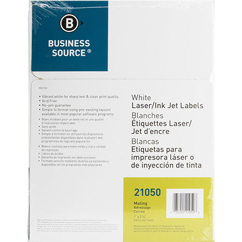 Business Source Mailing Label, Laser, 1"x2-5/8", 3000/PK, White