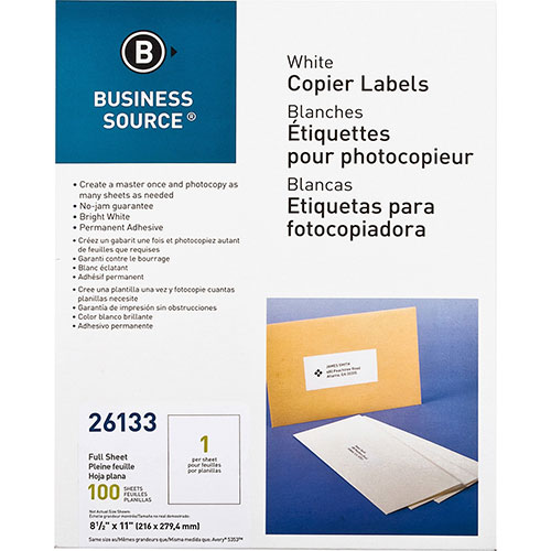 Business Source Labels, Mailing, copier, 8-1/2" x 11", White
