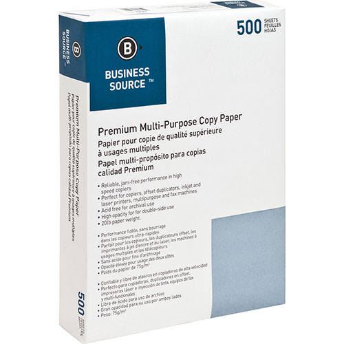Business Source White Multipurpose Paper, 92 Bright, 20 lb, Case of 5 Reams