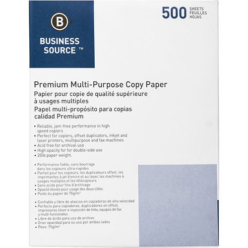 Business Source 3-Hole Punched Inkjet Multipurpose Paper - White, 8 1/2 x 11 (Letter), 92 Bright, 20 lb, 500 Sheets Per Ream, Case of 10 Reams