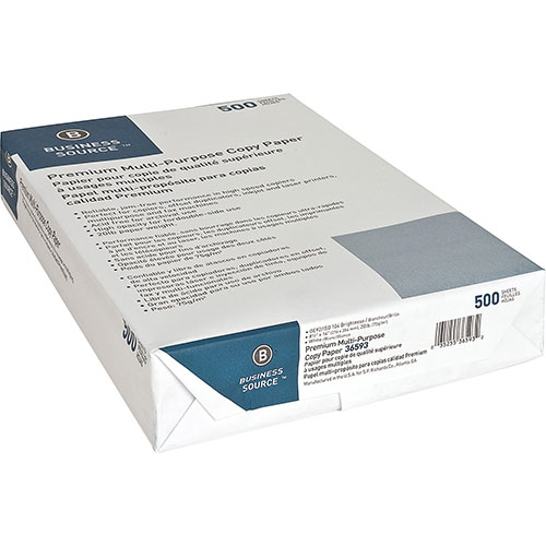 Business Source White Multipurpose Paper, 8 1/2 x 14, 92 Bright, 20 lb, 500 Sheets Per Ream, Case of 10 Reams