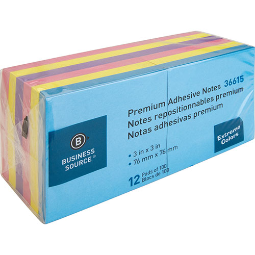 Business Source Adhesive Notes, 100 Sheets, 3" x 3", Assorted Extreme