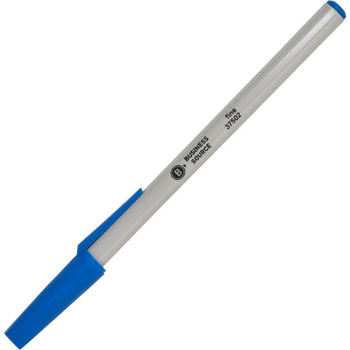 Business Source Ballpoint Stick Pens, Fine Pt, Light Gray Barrel, Blue Ink