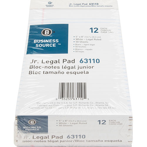 Business Source Pad, Micro-Perforated, Jr. Legal Rld, 50 Sh, 5" x 8" 12/DZ, White