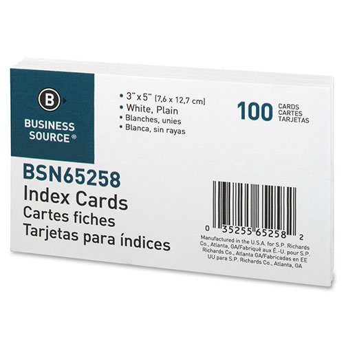 Business Source Index Cards, Plain, 90lb., 3" x 5", White