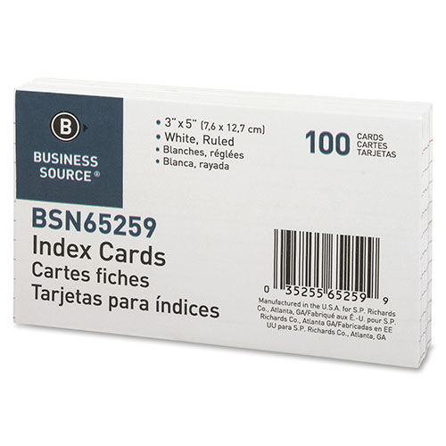 Business Source Index Cards, Ruled, 90lb., 3" x 5", White