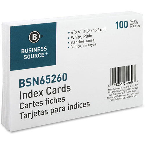 Business Source Index Cards, Plain, 90lb., 4" x 6", White