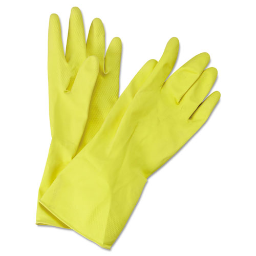 Boardwalk Flock-Lined Latex Cleaning Gloves, Medium, Yellow, 12 Pairs
