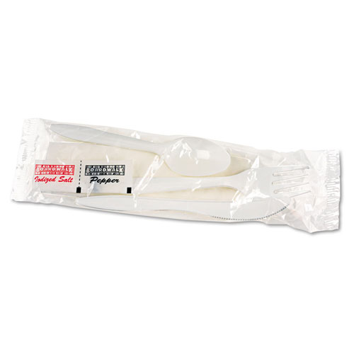 Boardwalk Cutlery Kit, Plastic Fork/Spoon/Knife/Salt/PePolypropyleneer/Napkin, White, 250/Carton