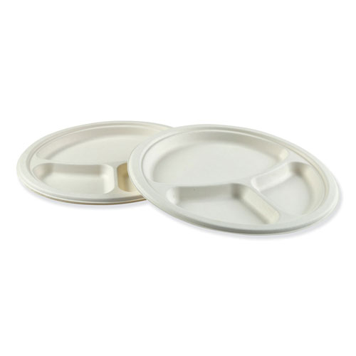 Boardwalk Bagasse Molded Fiber Dinnerware, 3-Compartment Plate, 10" Diameter, White, 500/Carton