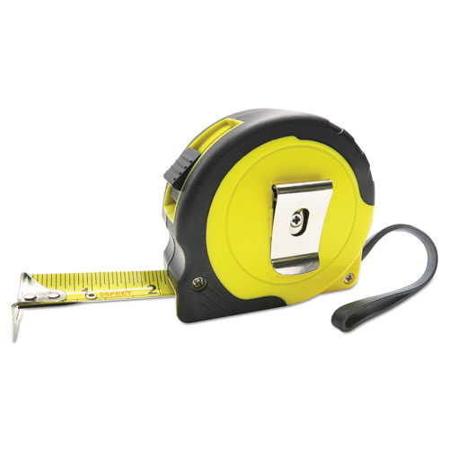 Boardwalk Easy Grip Tape Measure, 25 ft, Plastic Case, Black and Yellow, 1/16