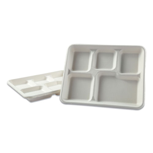 Boardwalk Bagasse Molded Fiber Dinnerware, 5-Compartment Tray, 8 x 12, White, 500/Carton