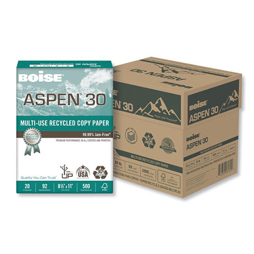 Boise ASPEN Multi-Use Recycled Paper, 92 Bright, 20lb, 8.5 x 11, White, 500 Sheets/Ream, 5 Reams/Carton