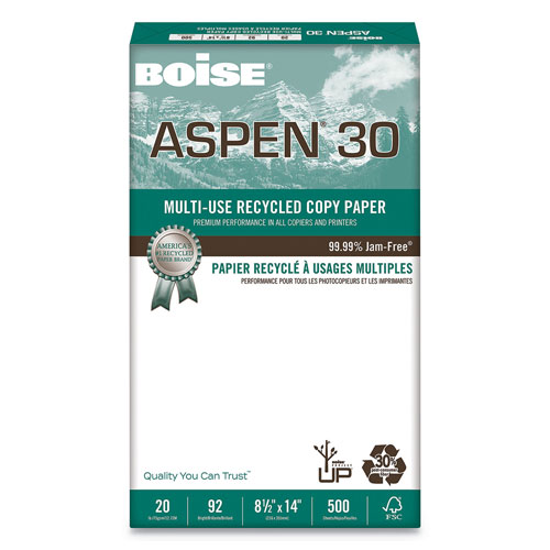 Boise ASPEN 30 Multi-Use Recycled Paper, 92 Bright, 20lb, 8.5 x 14, White, 500 Sheets/Ream, 10 Reams/Carton