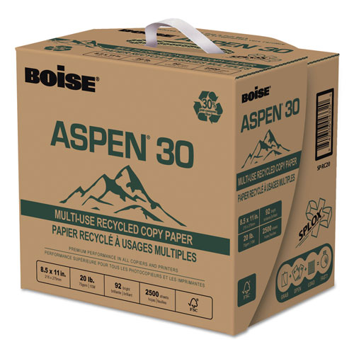 Boise ASPEN 30 SPLOX Multi-Use Paper, 92 Bright, 20 lb, 8.5 x 11, White, 2500 Sheets/Carton