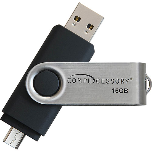 Compucessory Flash Drive, USB 2.0, 16GB, 3/4"Wx2-3/4"Lx1/4"H, Black/Silver