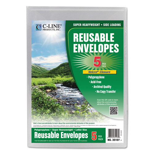 C-Line Reusable Poly Envelope, Hook & Loop Closure, 9.38 x 13, Clear, 5/Pack