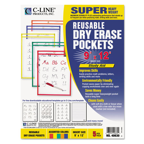 C-Line Reusable Dry Erase Pockets, 9 x 12, Assorted Primary Colors, 5/Pack