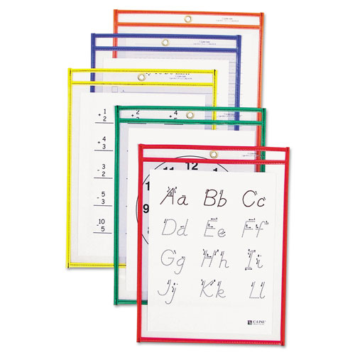 C-Line Reusable Dry Erase Pockets, 9 x 12, Assorted Primary Colors, 5/Pack