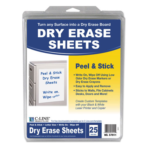 C-Line Peel and Stick Dry Erase Sheets, 8 1/2 x 11, White, 25 Sheets/Box