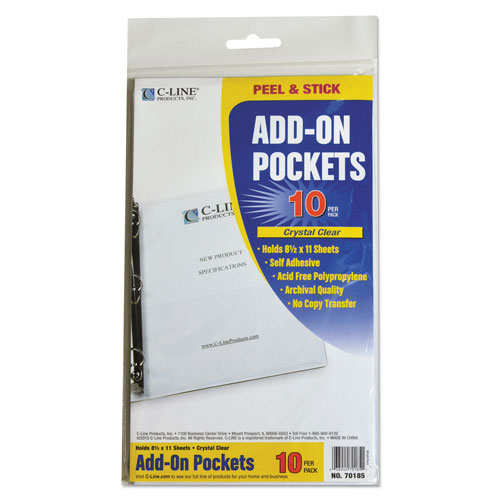 C-Line Peel & Stick Add-On Filing Pockets, 25", 11 x 8 1/2, 10/Pack
