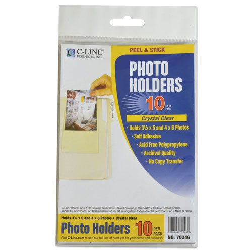 C-Line Peel & Stick Photo Holders, 4 3/8 x 6 1/2, Clear, 10/Pack