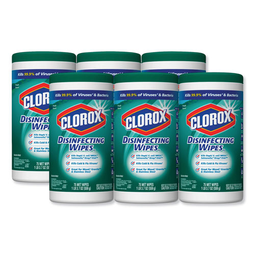 Clorox Disinfecting Wipes, Fresh Scent, 7 x 8, White, 75/Canister, 6 Canisters/Carton