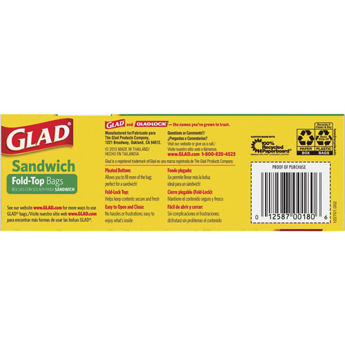 Clorox Glad Food Storage Bags, Sandwich Fold Top, 6.50 x 5.50 Length,  Clear, Plastic, 1Box, 180 Per Box, Multipurpose, CLO60771