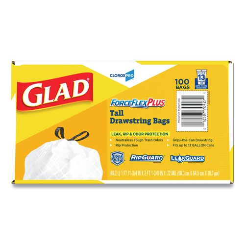 Glad ForceFlex Tall Kitchen Drawstring Bags, 13 gal, .82mil, 24 x 24 7/8 White 100/BX