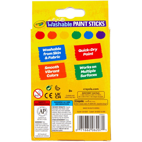 Crayola Washable Paint Sticks - 6 / Pack - Red, Orange, Yellow, Blue, Green, Purple