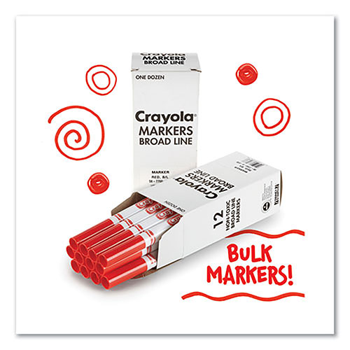 Crayola Broad Line Washable Markers, Broad Bullet Tip, Red, 12/Box