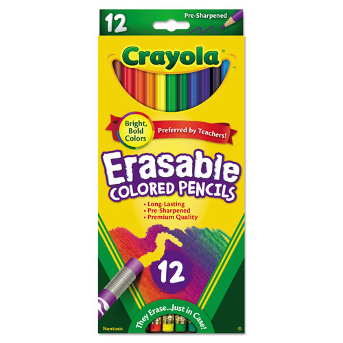 Crayola Erasable Color Pencil Set, 3.3 mm, 2B (#1), Assorted Lead/Barrel Colors, Dozen