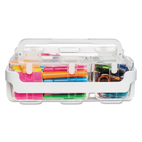 Deflecto Stackable Caddy Organizer w/ S, M & L Containers, White Caddy, Clear Containers