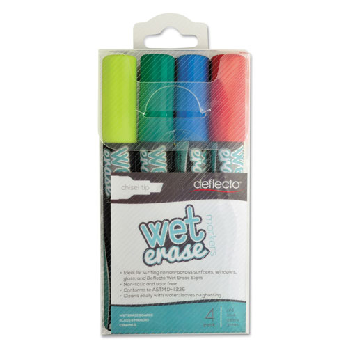 Deflecto Wet Erase Markers, Medium Chisel Tip, Assorted Colors, 4/Pack