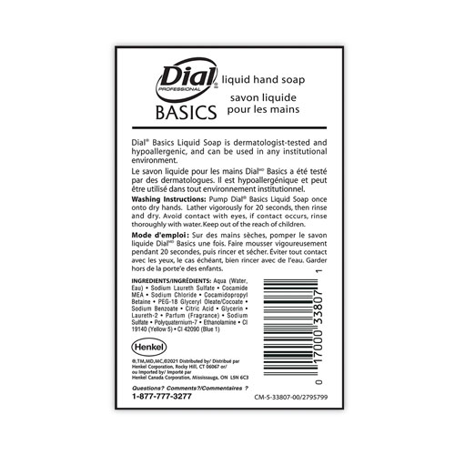Dial Basics MP Free Liquid Hand Soap, Unscented, 3.78 L Refill Bottle