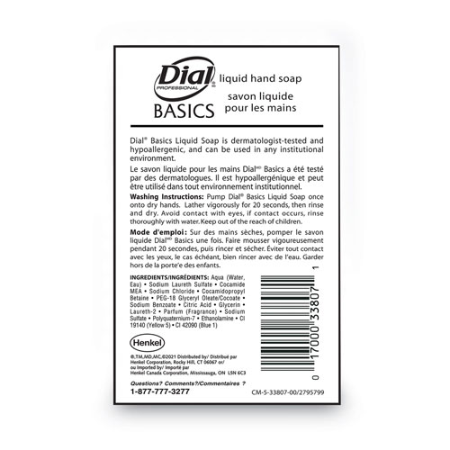 Dial Basics MP Free Liquid Hand Soap, Unscented, 3.78 L Refill Bottle, 4/Carton