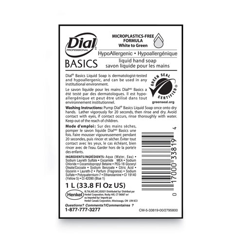 Dial Basics MP Free Liquid Hand Soap, Unscented, 1 L Refill Bottle, 8/Carton