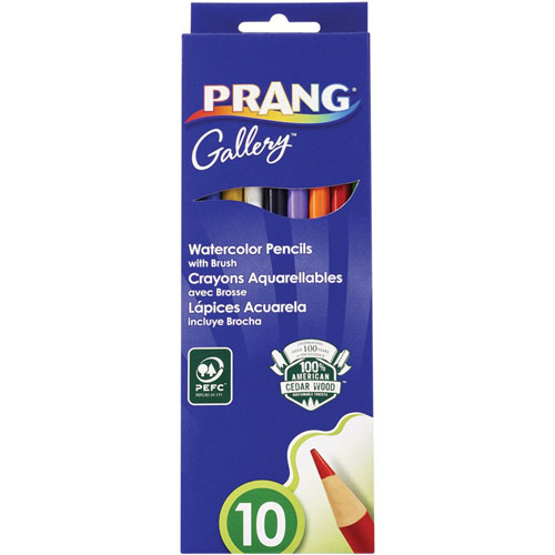 Prang Sharpened Watercolor Pencils, Red, Orange, Yellow, Green, Blue, Violet, Light Blue, Black, Brown, White Lead, 10/Pack
