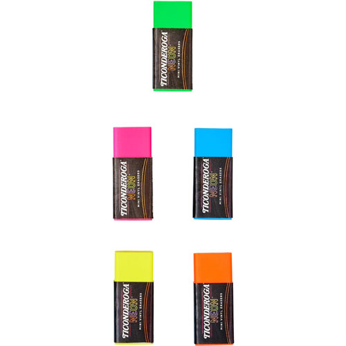 Dixon Ticonderoga Neon Mini Erasers - Neon Pink, Neon Green, Neon Orange, Neon Yellow, Neon Blue - Vinyl - 5 / Pack - Latex-free, Soft, Smudge-free, Residue-free, Non-abrasive, Non-tearing, Non-toxic